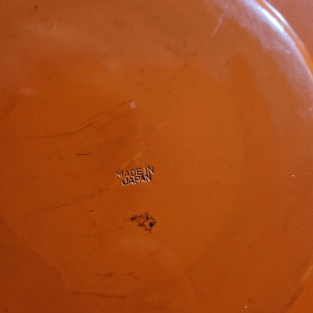 Vintage Enamel Pan and Lid Orange w/ White Flowers Wood Handles Made in Japan